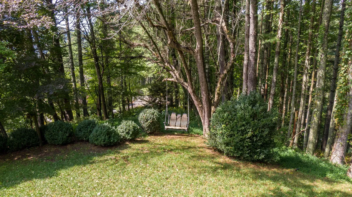 A tranquil outdoor scene featuring a wooden swing nestled among lush greenery and tall trees. The swing invites quiet moments of relaxation or contemplation, while the surrounding foliage hints at the peaceful, natural setting that surrounds the property.